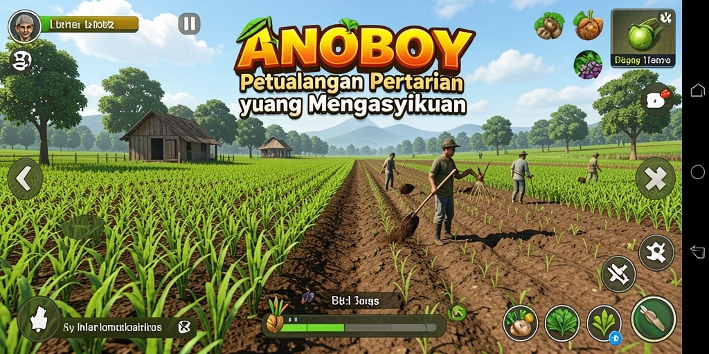 Screenshot ANOBOY menunjukkan pemain sedang mengelola ladang dengan tanaman segar.
