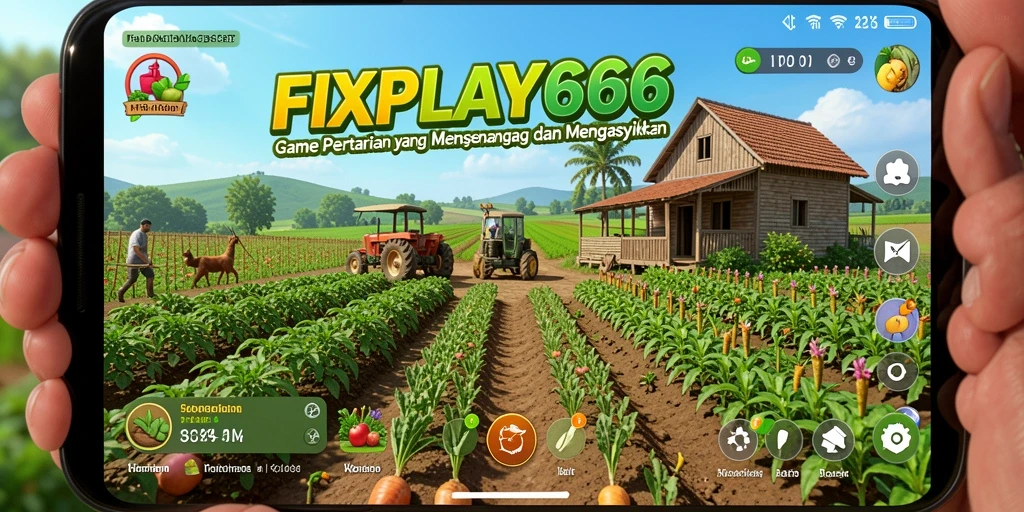 Tampilan screenshot FIXPLAY666 menampilkan ladang yang subur dan hewan peliharaan.