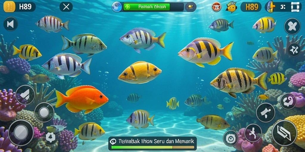 Tampilan gameplay H89 saat menangkap ikan berwarna-warni.