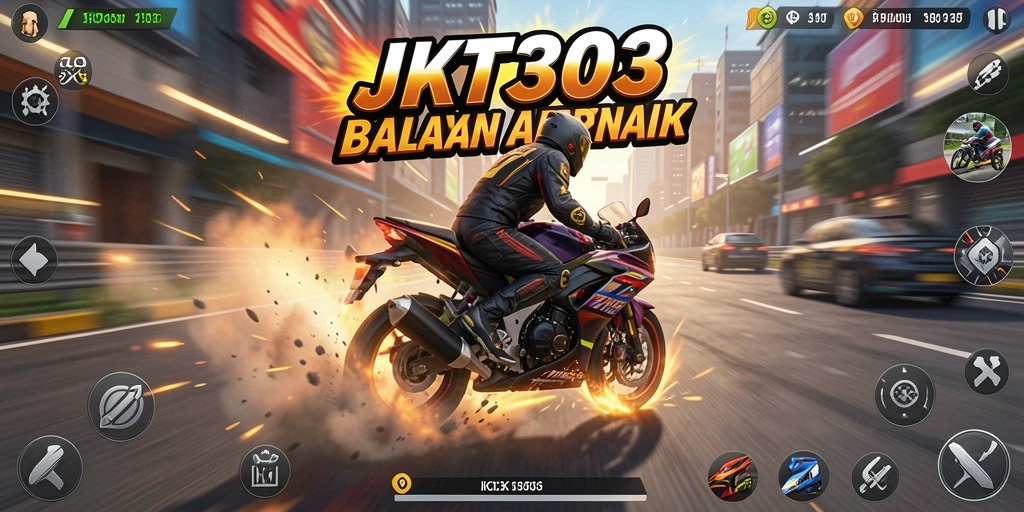Tampilan balapan seru di JKT303 dengan berbagai motor dan trek.