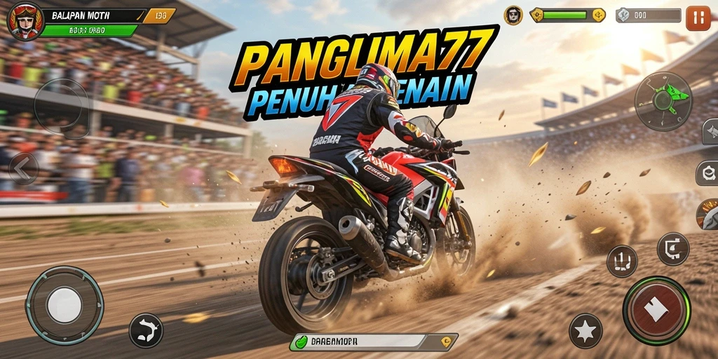 Tampilan gameplay seru dari PANGLIMA77 yang menampilkan balapan motor yang mendebarkan.